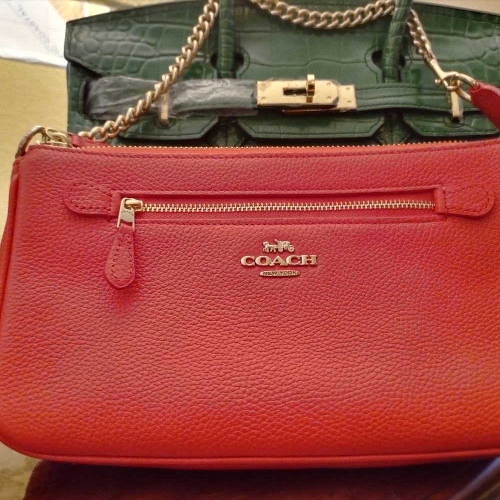 Orange authentic coach bag large wristlet gold chain gold hardware brand new